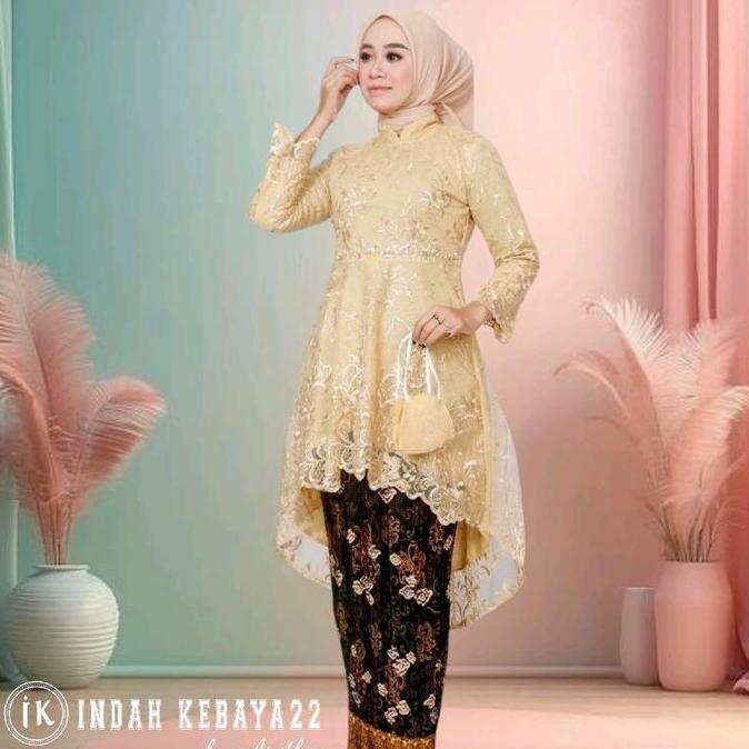 DB102 - Setelan Baju Kebaya Tunik Elegan Modern Lesti Brokat Tile Payet Bordir Mutiara Atasan Dress 