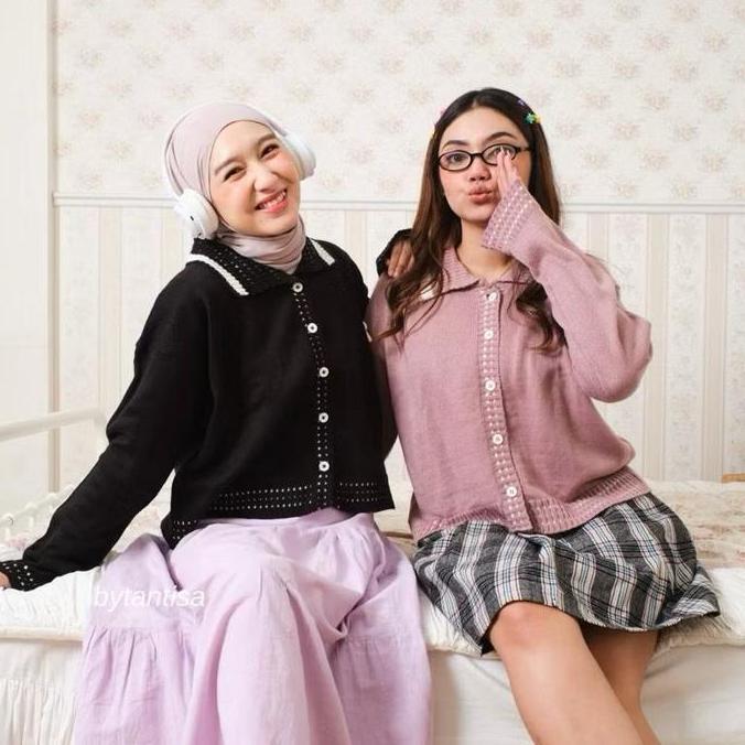 DF226 >> Manopo Pita Cardy Berkerah - Manda blouse Rajut Cardigan Wanita Korean Style Atasan Knitwea