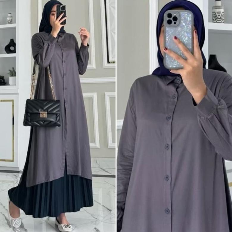 TERBARU atasan tunik polos wanita full kancing depan semi gamis wanita tunik suxexo terbaru 2025