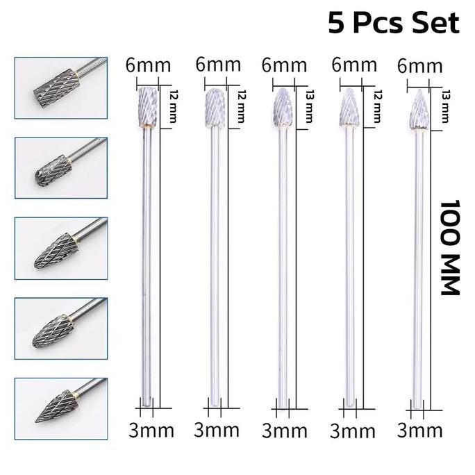 XARANA Rotary Burr Isi 5 Pcs Gagang Panjang 100mm Shank 3mm Kepala 6mm Mata Bor Tuner Double Cut Bah