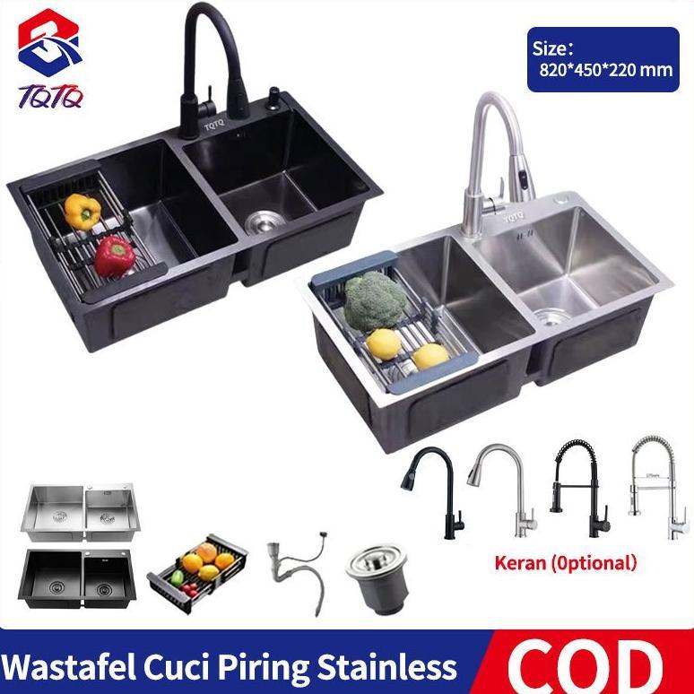 TQTQ Paket Kitchen Sink 8245 Bak Cuci Piring 2 Bowl Hitam/Perak Wastafel Cuci Piring Stainless