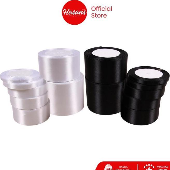 1 Roll Pita Satin Polos Putih Hitam 1 Inch Pita Kain Putih Hitam 2.5 Cm Pita Kado Hadiah Pita Satin 