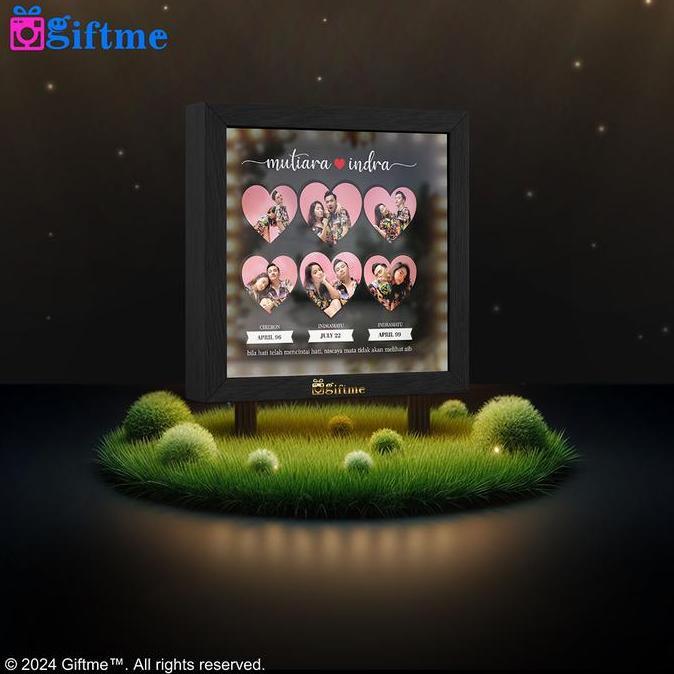 GIFTME Bingkai Foto 3D Custom Cetak Foto Hati 6 Foto dilengkapi Lampu LED