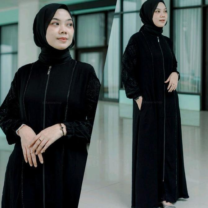 Best Promo, Gamis Abaya Qirani Jetblack Jannah Mix Swarosky Terbaru Elegan Mewah Dress Hitam Wanita