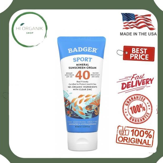 Badger Company Sport Mineral Sunscreen Cream SPF 40 Unscented 87 ml