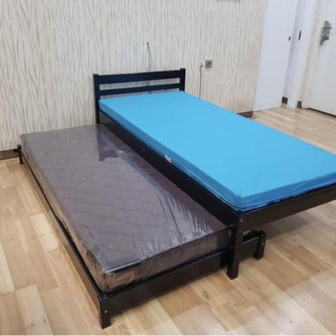 Ranjang kayu atas plus sorong tanpa kasur ukuran 90