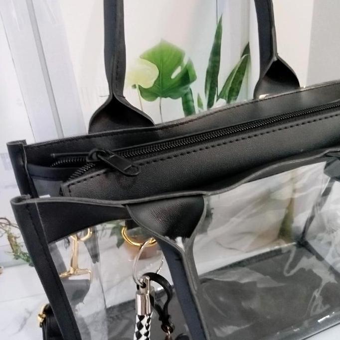 tas transparan tas PVC konser tas plastik Hitam Wanita Selempang SHA