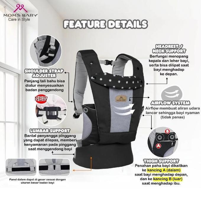 Moms Baby Gendongan SSC M-Shape Onyx MBG2067 | Baby Carrier Gendongan Depan Belakang Toddler Newborn