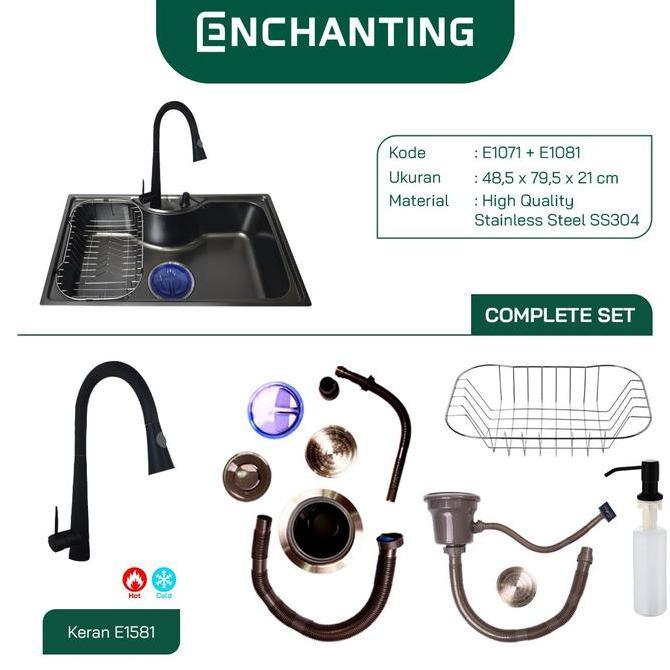 ENCHANTING Kitchen Sink Stainless Steel SS 304 1 Bowl Black 79x49 | Bak Wastafel Cuci Piring Dapur T
