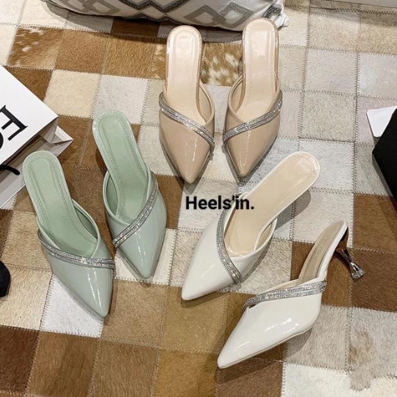 Big Promo Sandal Heels Wanita Tinggi 7 Cm Bapau Kerucut Bahan Glosy/Selop Terbaru/ Heels Kaca Hak Ta