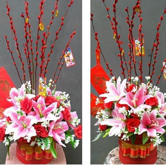 bunga imlek segar/ asli pot ukuran besar/  mawar  lily, pussy willow/ KH