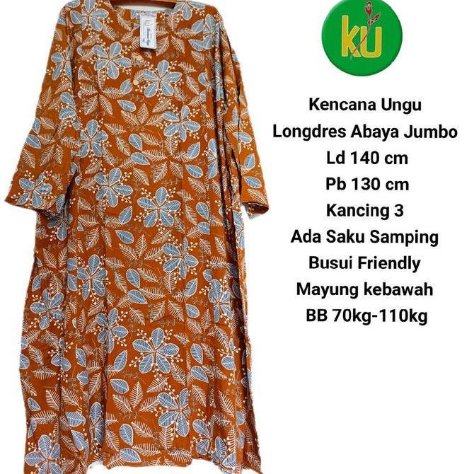 Jual, Longdres Jumbo Ld 140 Cm Abaya Jumbo Gamis Jumbo Batik Kencana Ungu Label Putih
