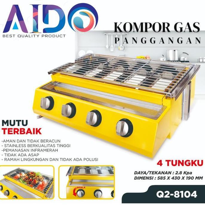 AIDO Kompor Sosis Sate Bakar 4 Tungku BBQ Grill Alat Pemanggang Daging Stainless Q2-8104 Panggangan 