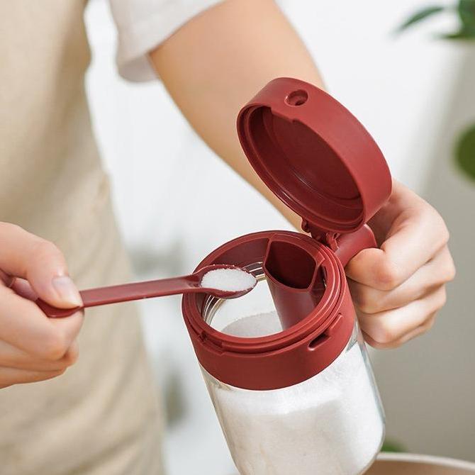 Kotak bumbu multifungsi, toples bumbu dengan sendok, toples bumbu kaca transparan, kotak bumbu, wada