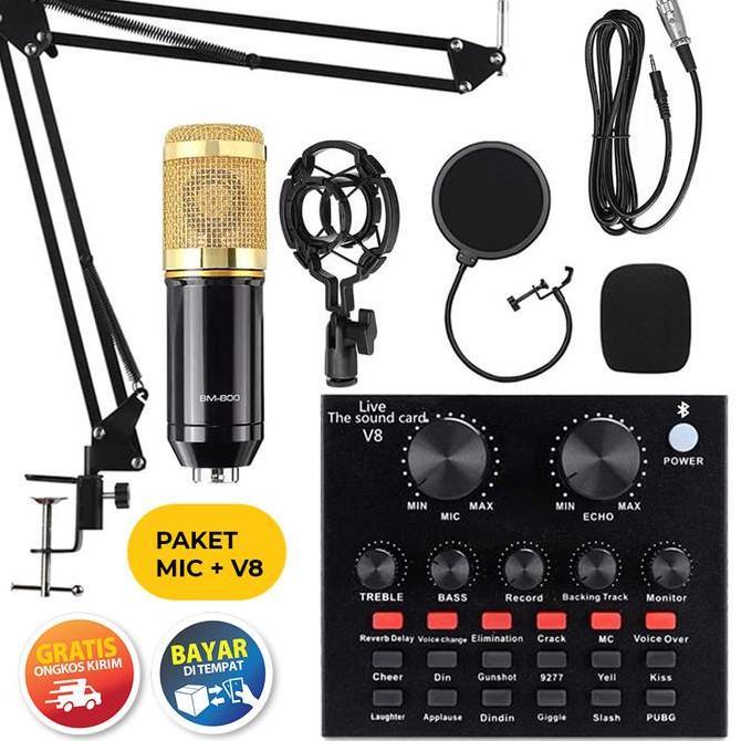 Singover- Paket Full Set Mic Bm 800 + Stand + Soundcard V8 Miko Kimiso Audio Mixer -  Mikrofon Mic B