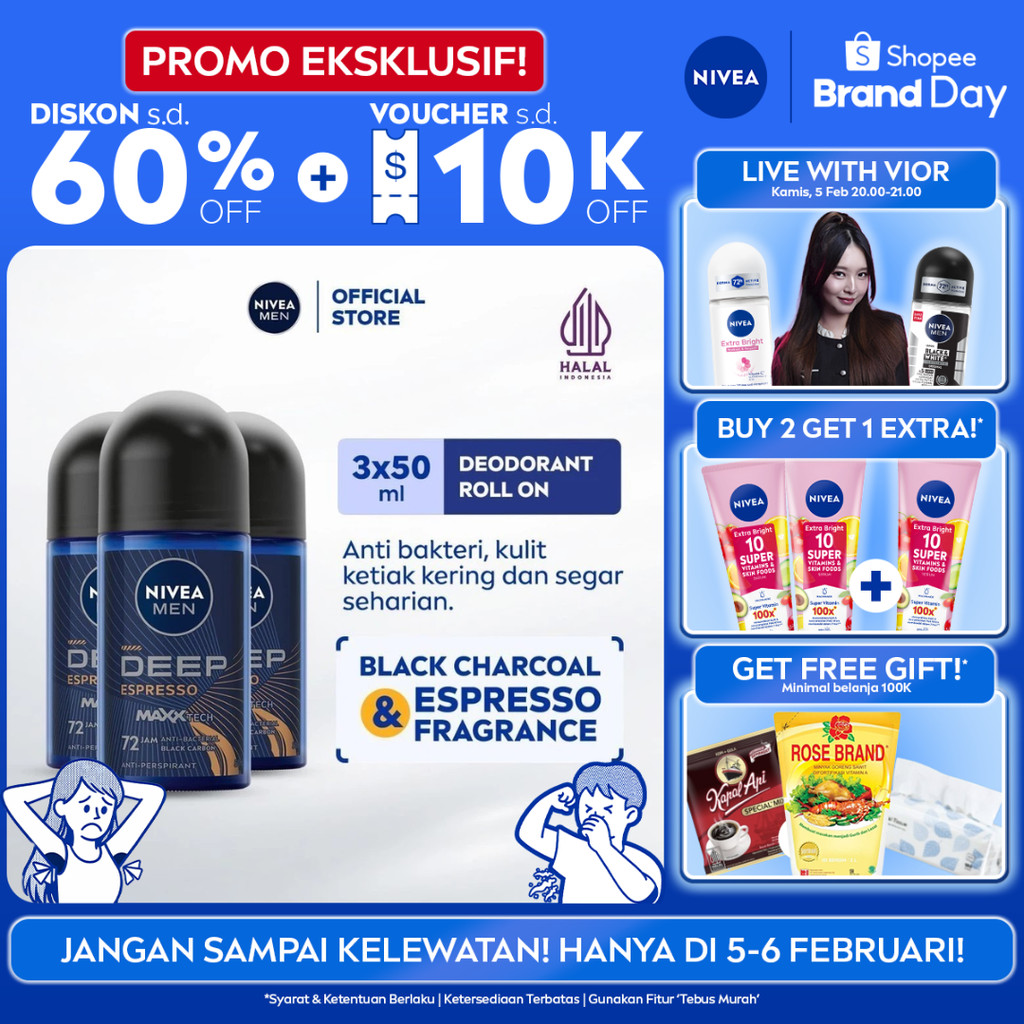 (PAKET HEMAT ISI 3) NIVEA MEN Deodorant Roll On Deep Espresso 50ml - Deodoran pria melawan bakteri k