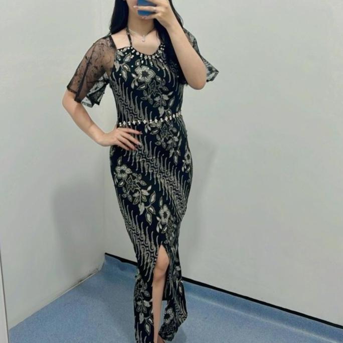 Ftx- Dress Batik Mahalini / Dress Batik Wanita /Dress Batik Pesta Casual Tile Kondangan Natal Gaun M