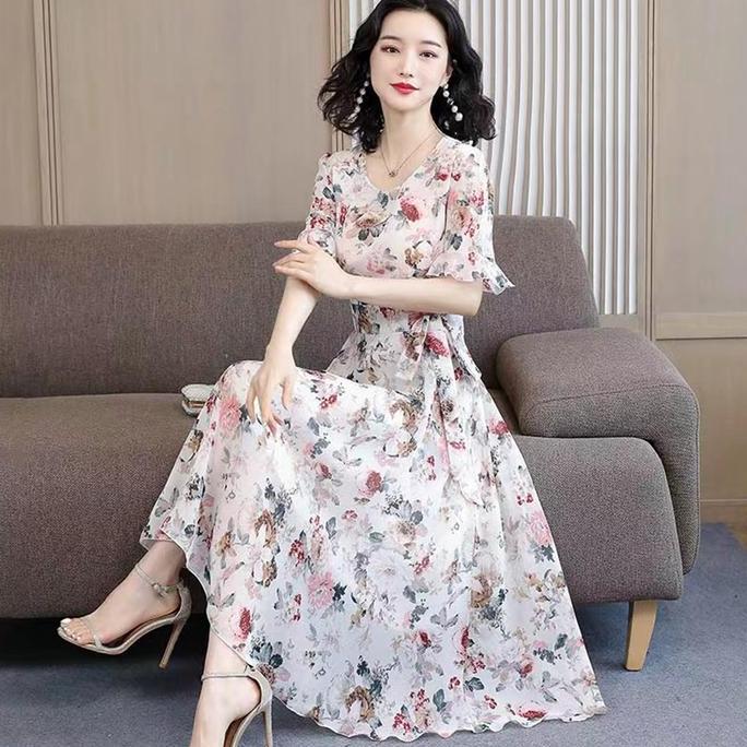 Ftx- Dress Korea Wanita/Midi Dress Motif Bunga/Baju Kondangan Jumbo Gaun Retro  Pantai  Casual Gaun 