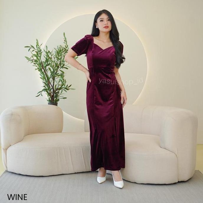 Ftx- Yasui - Candice Velvet Maxi Dress | Dress Pesta Wanita | Slit Dress Wanita Panjang Dan Simple