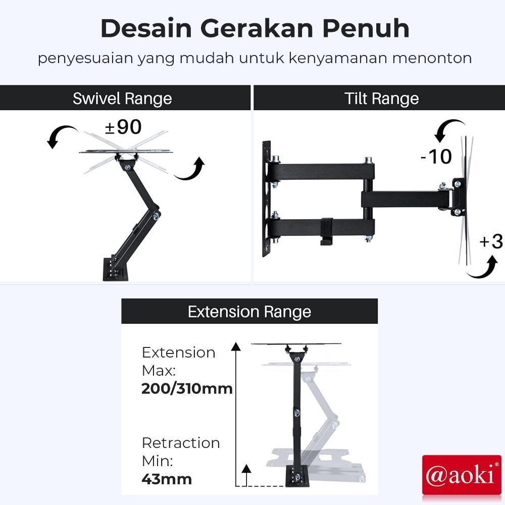 Cuci Gudang Aoki Bracket Tv Full Motion Swivel Arm Untuk Televisi 19-60 Inci, Smart Tv, Led Lcd Tv, 