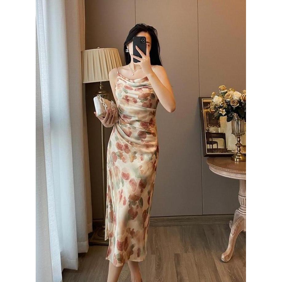 Ftx- 1318 Vintage Dress Gaun Seksi Midi Iner Dress Tanpa Lengan Pas Body Beige Mewah Gaun Sexy Elega