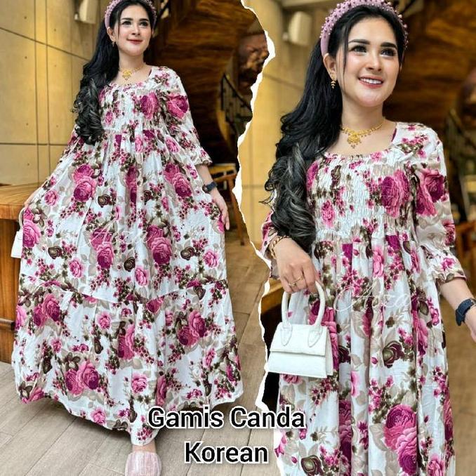 Ftx- Gamis Canda Korean Mawar Berdusta Daster Bali Katun Bunga Lembut Baju Dress Casual Karet Motif 