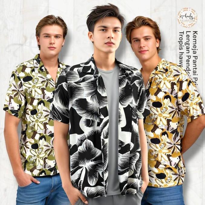 Kemeja Pria Lengan Pendek Motif Bunga Hitam Putih | Rayon Adem | Baju Pantai Kasual Cowok Vintage Ke