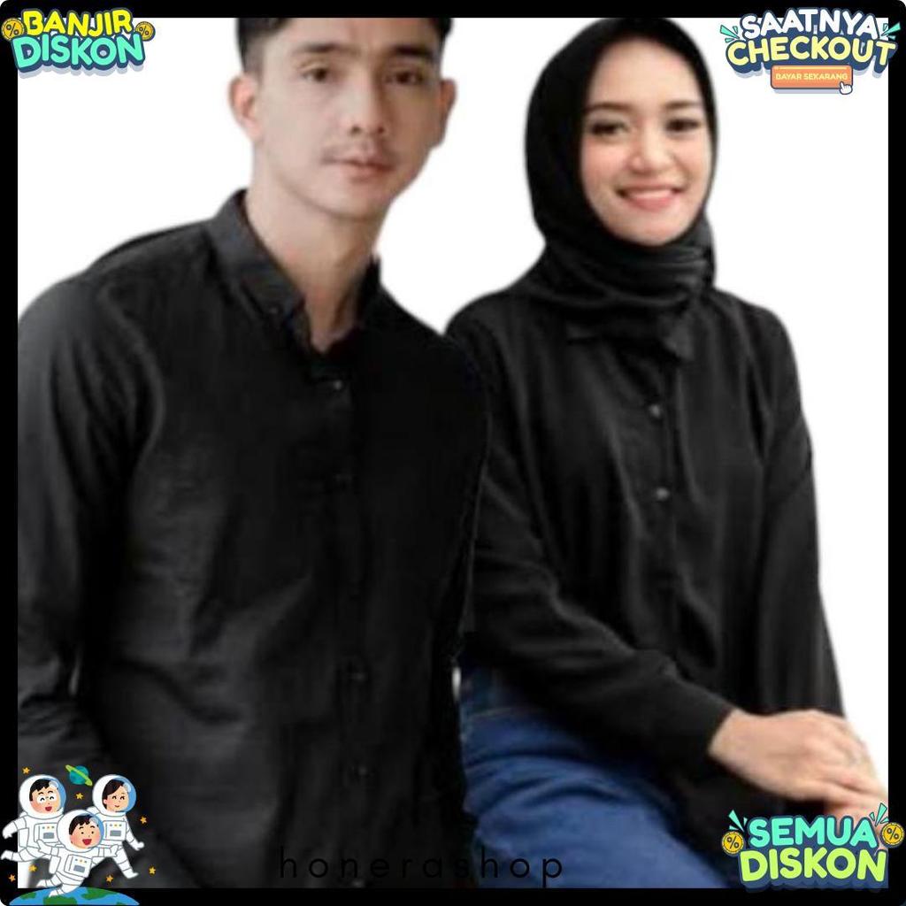 Kemeja Couple Polos Baju Pasangan Wanita Pria Lengan Panjang hitam Diskon Imlek