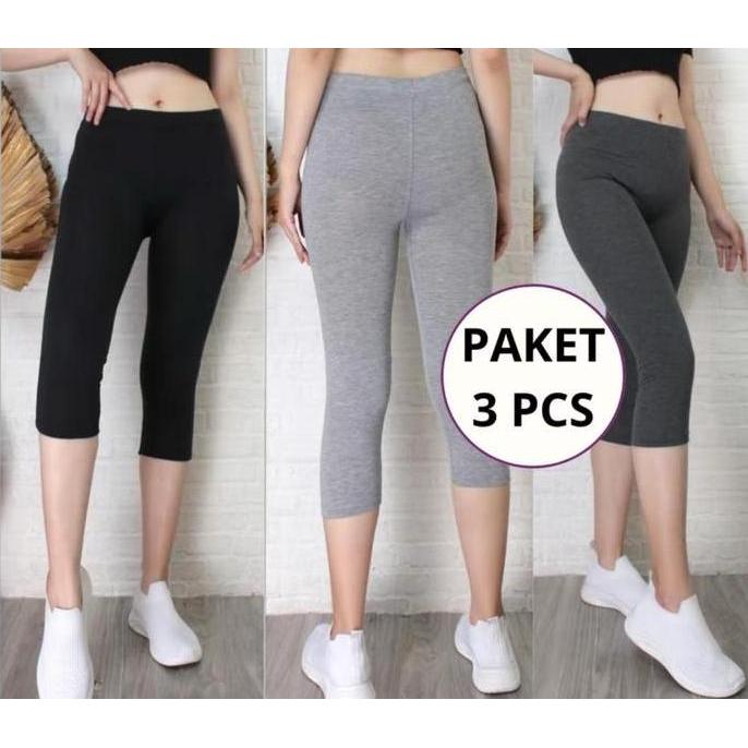 PAKET LEGGING KAOS 3 PCS 3/4 Pendek Celana Legging Kaos Fit Lembut Standar Nyaman Stretch Panjang Ba