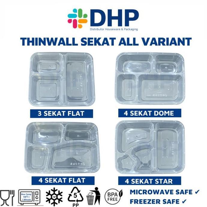 Thinwall Bento 3 Sekat FLAT + Tutup Box Kotak Makan Nasi Plastik