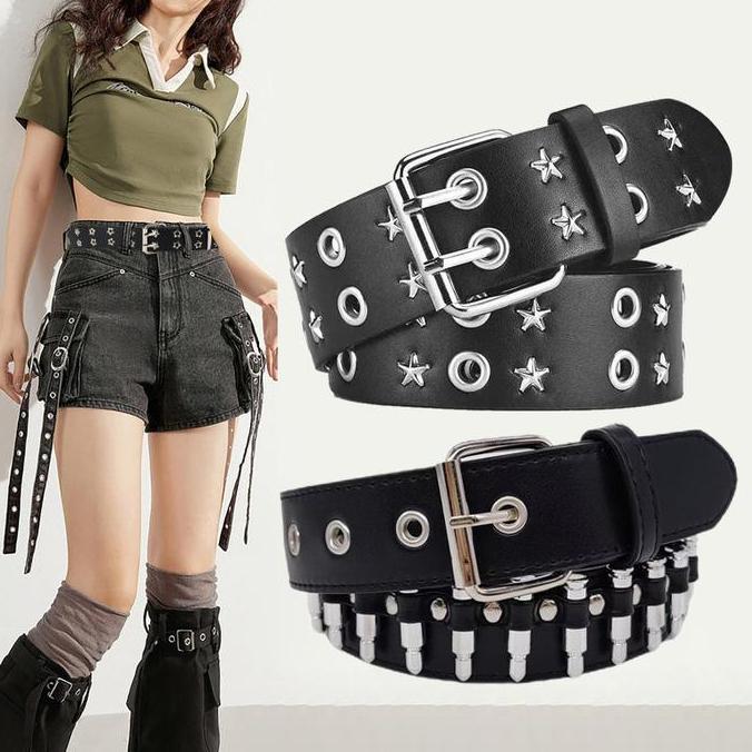 RETEKNO Fashion Wanita Kulit Punk Belt Berongga Rivet Merek Mewah Belt Kepribadian Rock Liar 120CM S