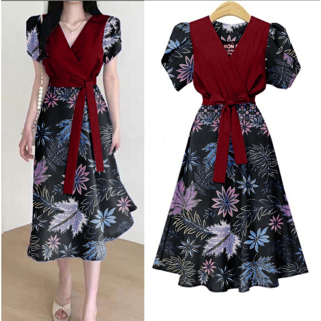Ftm Dress Wanita Motif Gaun Batik Wanita Korea Style Pita Dress Model Terbaru Davia Viral Lebaran