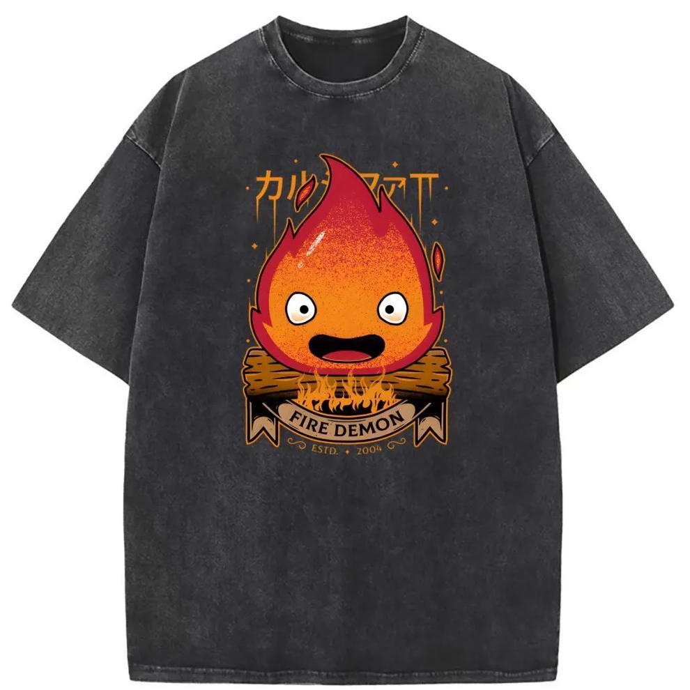 Calcifer Demon T Shirt Hip Hop Fall Washed Tshirt Retro Sweatshirts For Boys Long Sleeve Family Styl