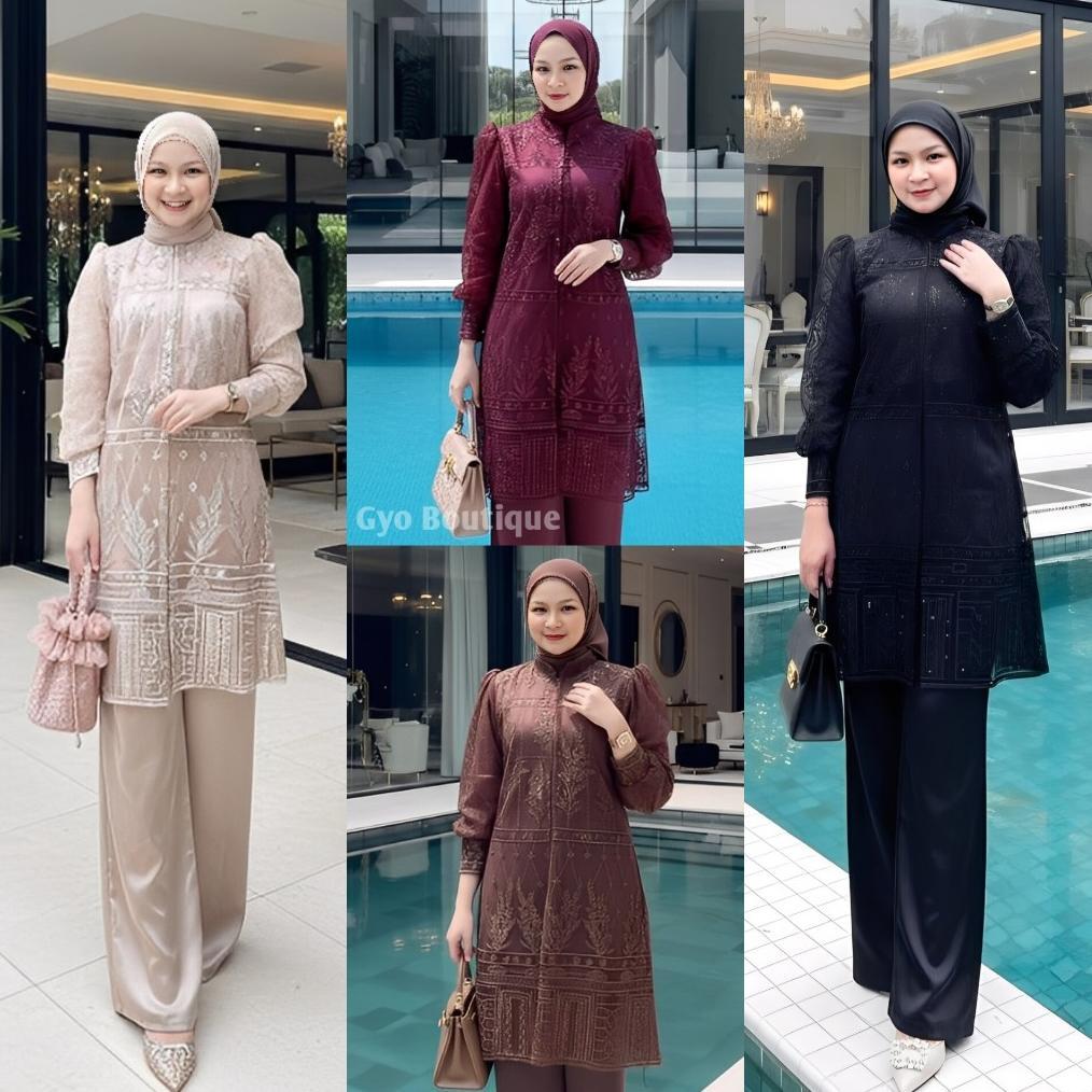 HOT DEALS GYO PREMIUM INNER OUTER BURGUNDY SETELAN WANITA SAKURA ONE SET MOTIF TILE BROKAT TUNIK PES