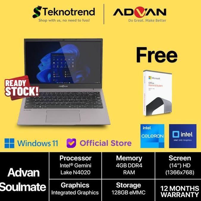 Laptop ADVAN Soulmate Celeron N4020 RAM 4GB 128GB / 256GB W11