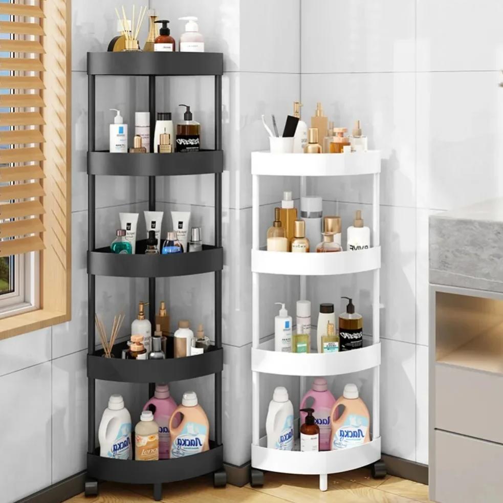 3/4/5 Tier Storage Shelf Rolling Cart Movable Bathroom Corner Triangle Shelfs Bathroom Corner Cabine