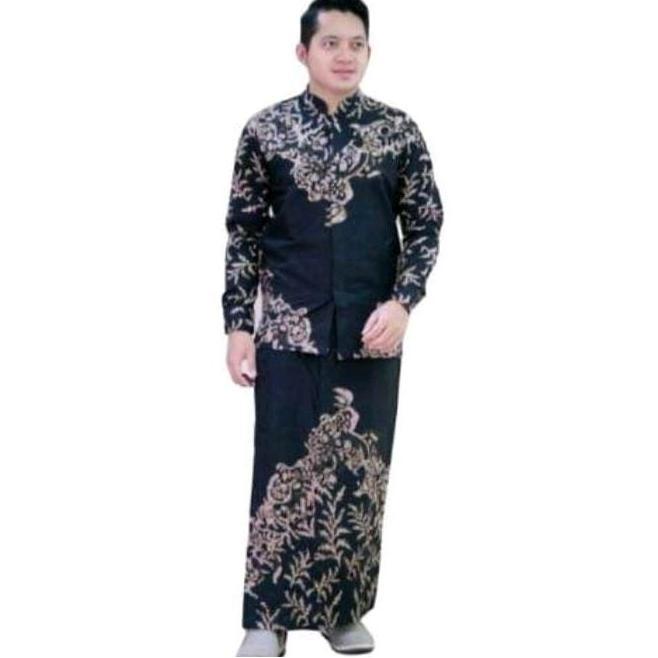 Disiniaja- Setelan Sarung Batik Pria Motif Akar Lengan Panjang Baju Koko Pria Dewasa Batik Solo Koko