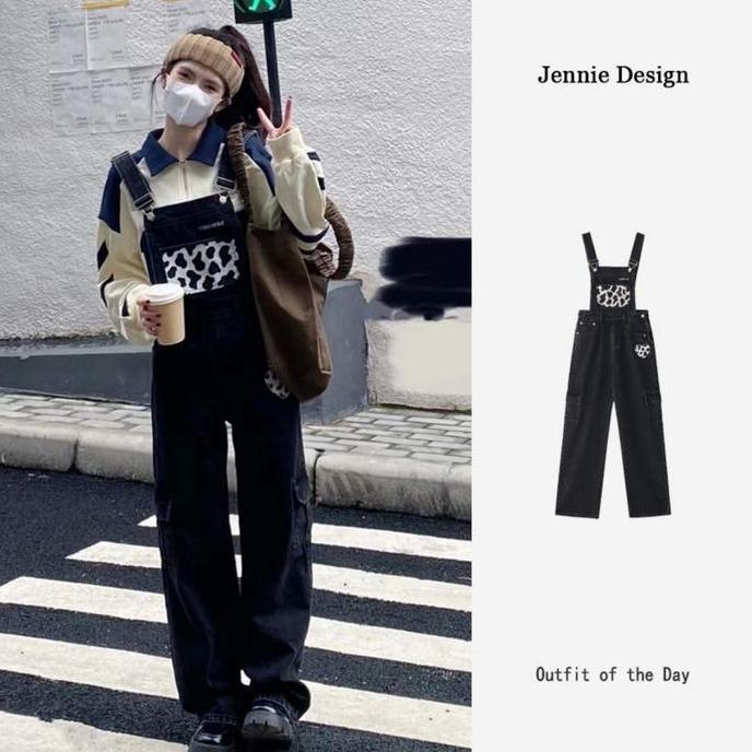 AI95 }} XJ0072 Cinta Sapi Bordir Tali Jeans Wanita Lurus Lebar Kaki Longgar Celana Panjang Pendek Hi