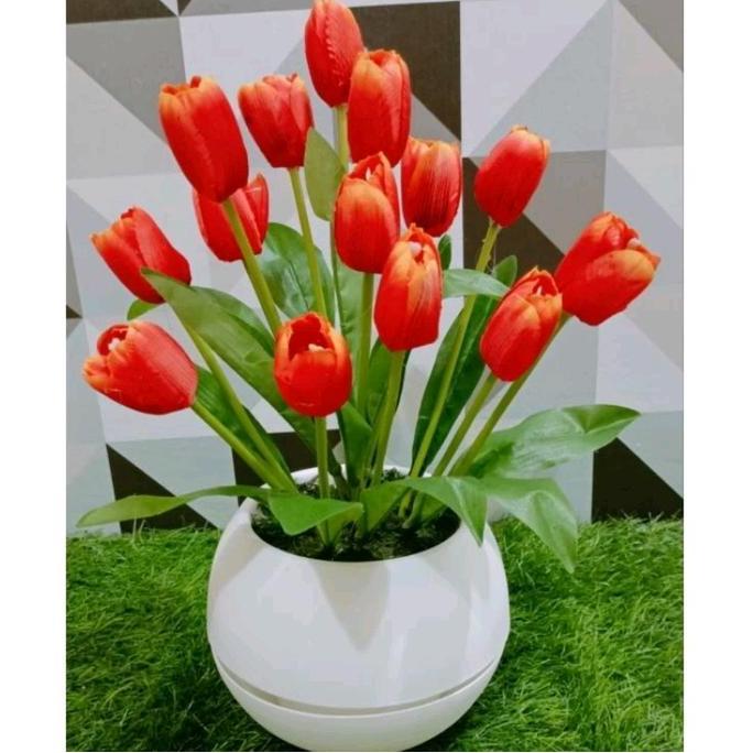 Flowpick- Buket Bunga Tulip Artificial Dengan Pot Bola Jumbo Dekorasi Bunga Plastik