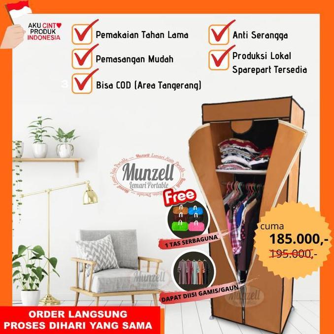 PROMO - Lemari Kain Munzell Type LPF 02, COKLAT (Lemari Pakaian 1 Gtg+2 Sekat)