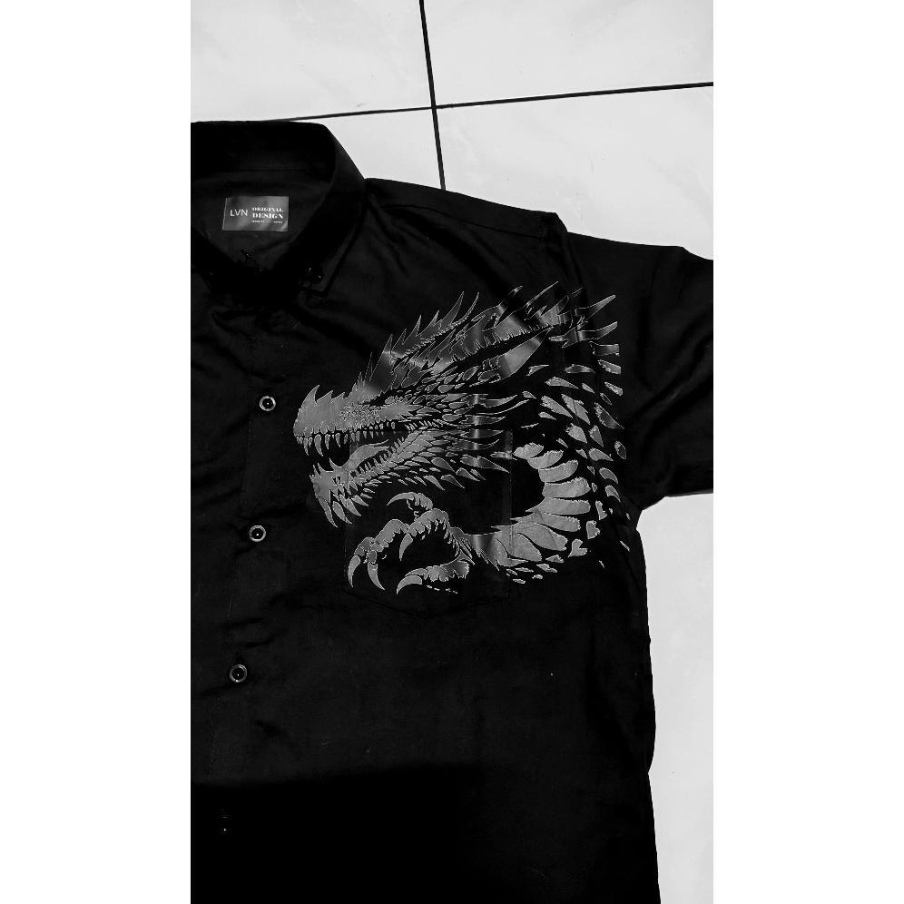 HOT DEALS LVN - Dragon Tribal Shirt Black on Black Kemeja Hitam Batik Motif Naga