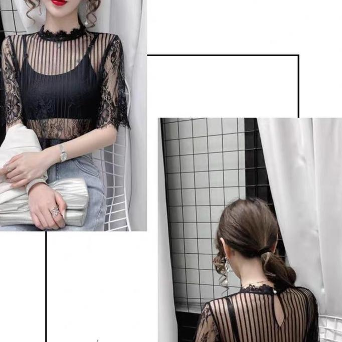 Atasan Lace Blouse Transparan Tile Motif Garis Garis Bunga Casual Kancing CS