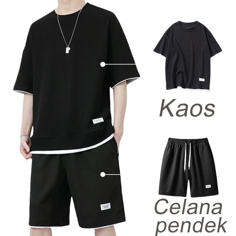 Sale (Waffle)Baju Setelan Pria/Baju Oversize Pria/Korea Style Pria - Kaos dan Celana Pendek|4 Warna