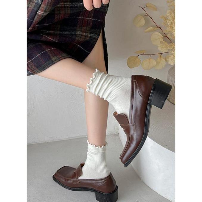 Alena - KK362 Kaos Kaki Wanita Sebetis Renda Katun Mid Tube Summer Trend Japanese Style Milky Brown 