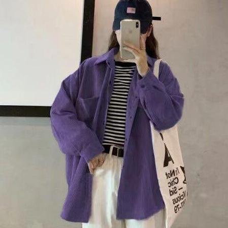 Momi- Kemeja Korduroi Wanita 8 Warna Pelajar Longgar Kasual Mantel Trendi Korea Panjang Biru Kerah M