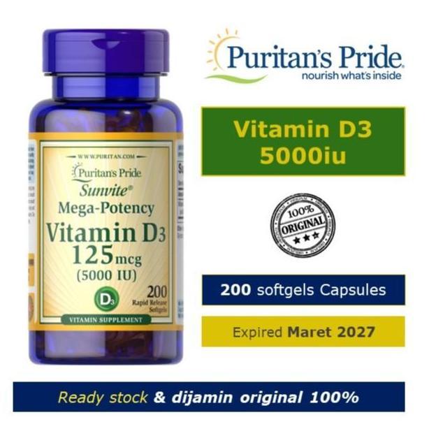 Puritans Pride Vitamin D3 5000iu, isi 200 Softgel