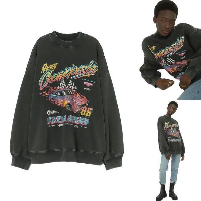 Momi- Crewneck Championship Black Wash Dark Grey Sweater Oversize Washed Wanita Flecee Katun Tebal