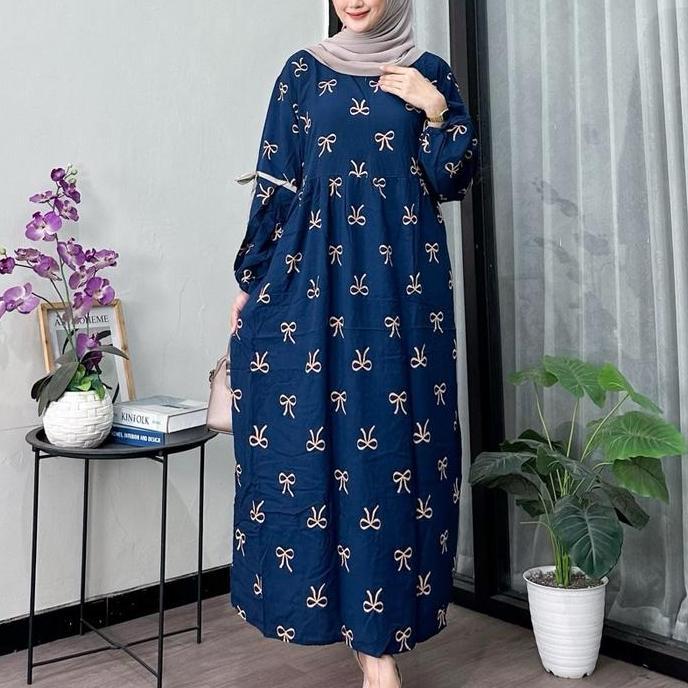 Gamis motif pita-bahan rayon premium Ld 120 busui friendly lengan panjang muat bb 90 kg daster panja