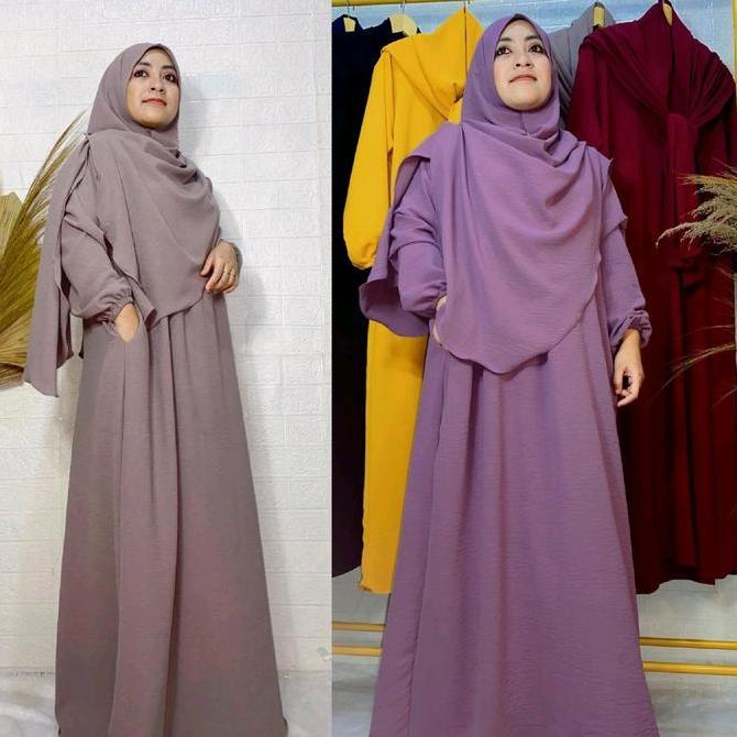 Rh Hawa Syar'I Phasmina Oval Set Gamis Wanita Crinkle Premium Polos Muslim Panjang