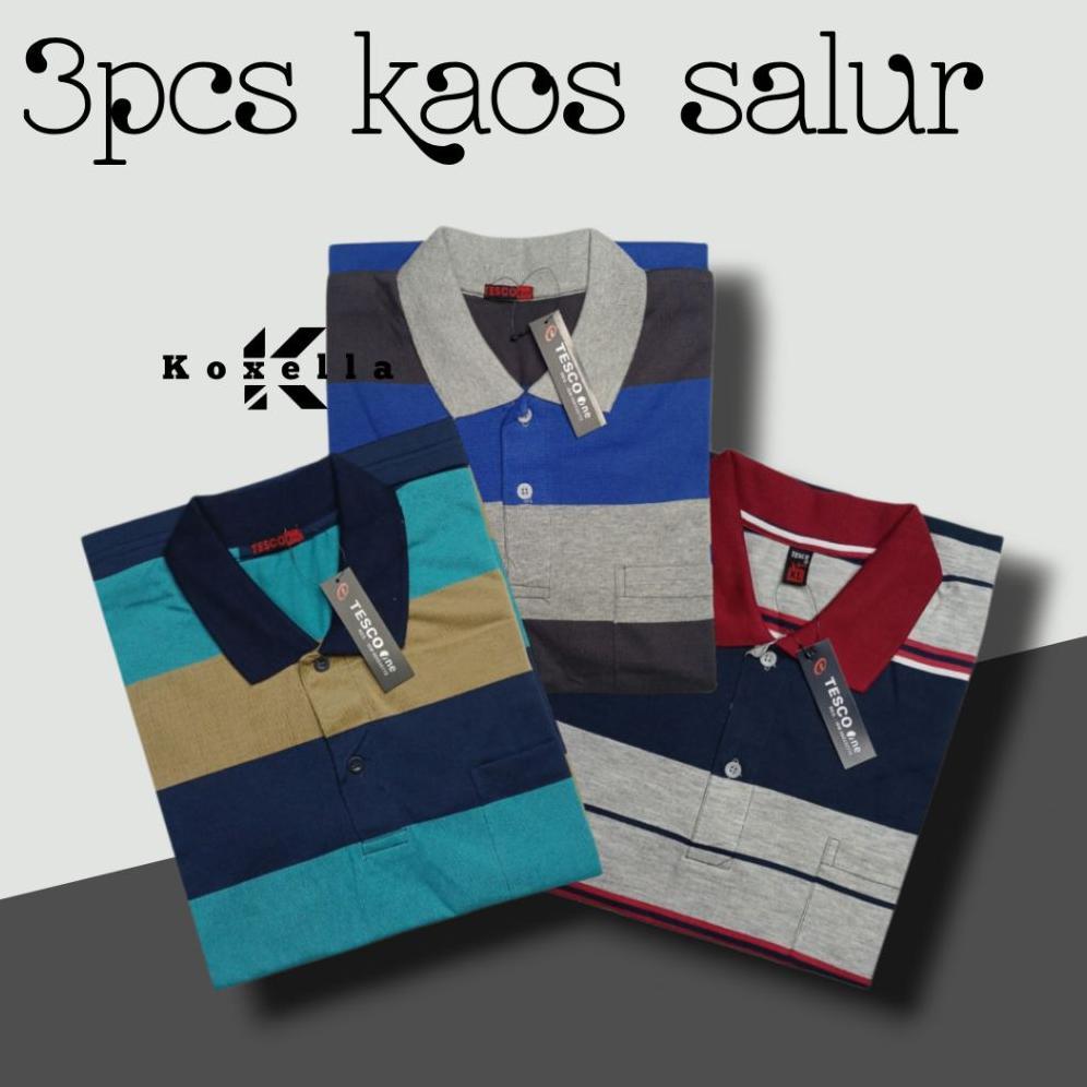DISKON PROMO 3PCS KAOS KERAH SALUR BAPAK MOTIF GARIS KANTONG DEPAN BERKERAH